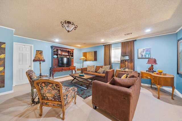 living area featuring a textured ceiling, light carpet, visible vents, baseboards, and crown molding