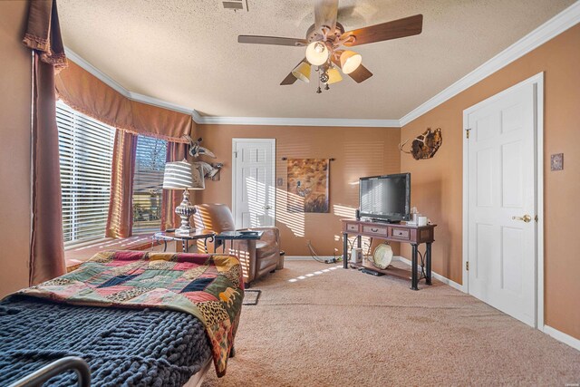 bedroom featuring light carpet, ornamental molding, a textured ceiling, and baseboards