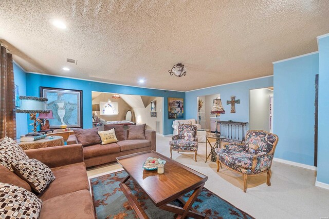 carpeted living area with visible vents, crown molding, a textured ceiling, and baseboards