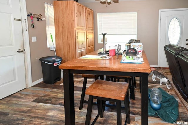 142 Taylor Loop, Oden, AR 71961 - dining space featuring ceiling fan, wood finished floors, healthy amount of natural light, and baseboards