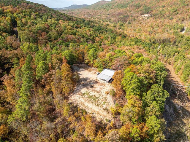 drone / aerial view with a mountain view and a wooded view