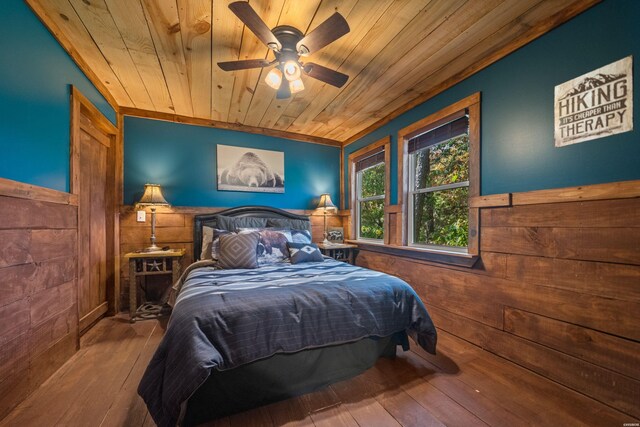 bedroom featuring ceiling fan, wooden ceiling, wooden walls, a wainscoted wall, and wood finished floors