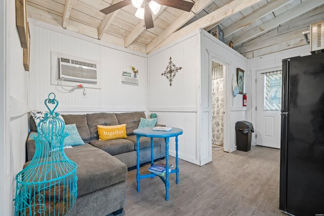 living room featuring light wood-style flooring, wood ceiling, ceiling fan, vaulted ceiling with beams, and a wall mounted AC