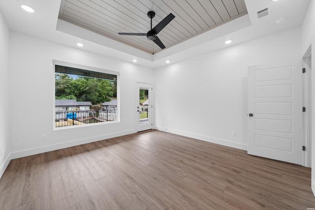 168 Krause Ln Unit A & B, Hot Springs, AR 71913 - spare room with a raised ceiling, wood ceiling, wood finished floors, ceiling fan, and recessed lighting