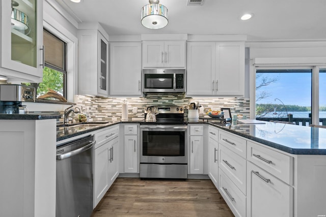 kitchen with appliances with stainless steel finishes, glass insert cabinets, and white cabinets