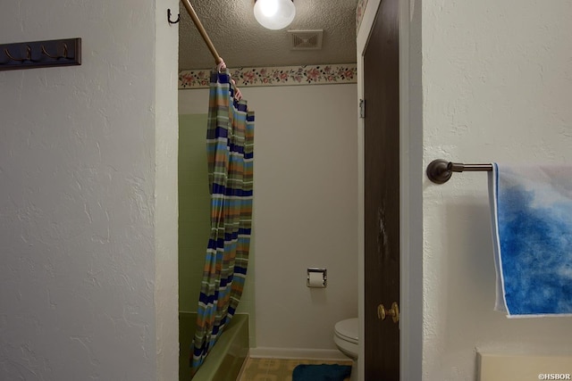 full bathroom featuring a textured ceiling, a textured wall, toilet, visible vents, and shower / bath combination with curtain