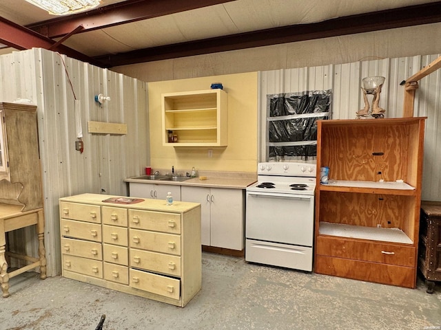 kitchen featuring unfinished concrete flooring, open shelves, light countertops, electric range, and wood walls