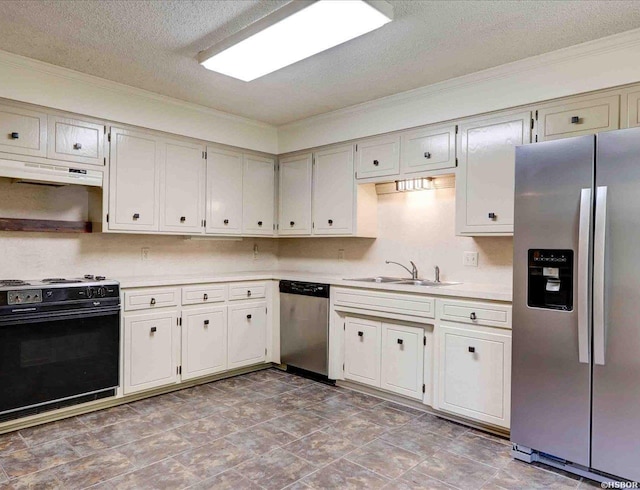 kitchen featuring appliances with stainless steel finishes, light countertops, a textured ceiling, under cabinet range hood, and a sink