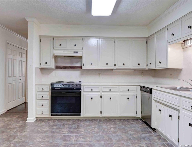 kitchen featuring white cabinets, dishwasher, electric range oven, light countertops, and under cabinet range hood