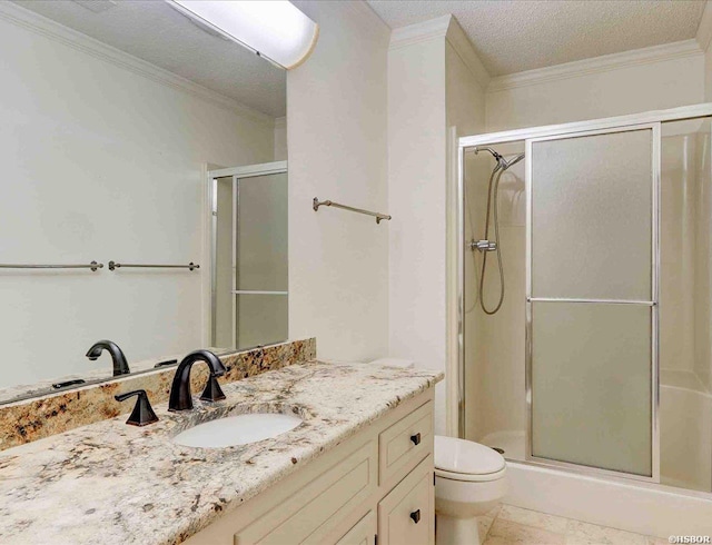 full bathroom with toilet, a shower stall, vanity, and crown molding