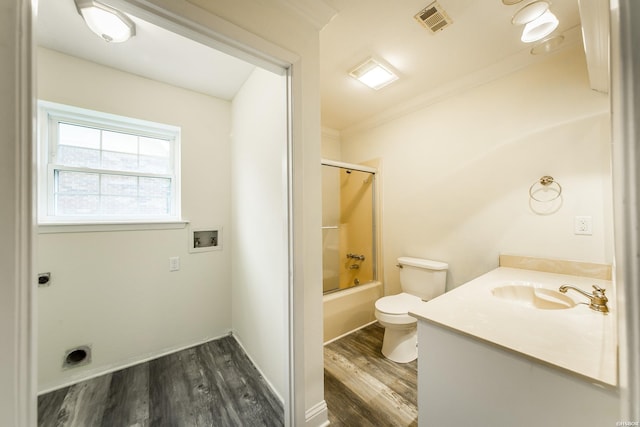221 San Juan Dr, Hot Springs, AR 71913 - bathroom featuring wood finished floors, enclosed tub / shower combo, vanity, and crown molding