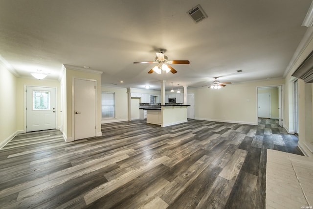 221 San Juan Dr, Hot Springs, AR 71913 - unfurnished living room with ornamental molding, a ceiling fan, dark wood-style floors, and recessed lighting