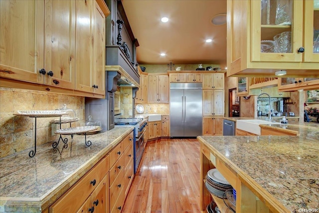 kitchen featuring tasteful backsplash, premium appliances, a sink, light wood finished floors, and glass insert cabinets