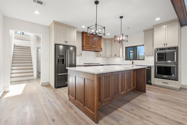 kitchen featuring appliances with stainless steel finishes, a center island, light countertops, pendant lighting, and a sink