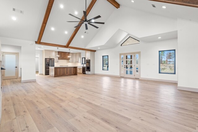 unfurnished living room with visible vents, a ceiling fan, high vaulted ceiling, light wood-type flooring, and beamed ceiling