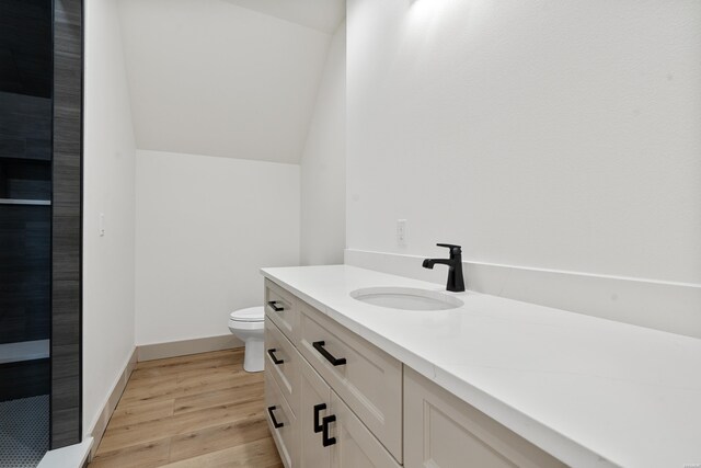 bathroom featuring baseboards, toilet, wood finished floors, vaulted ceiling, and vanity