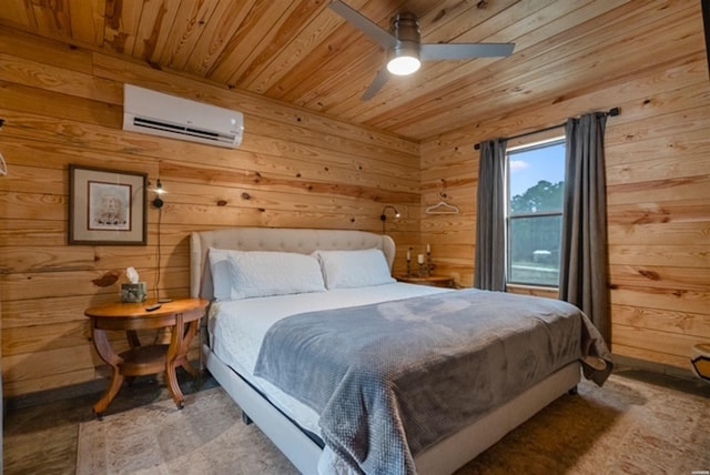 1136 Arlie Moore Rd, Bismarck, AR 71929 - bedroom with a ceiling fan, wood ceiling, wood walls, and a wall mounted air conditioner