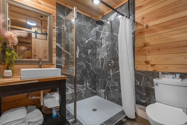 1136 Arlie Moore Rd, Bismarck, AR 71929 - bathroom with curtained shower, toilet, vanity, and wood walls