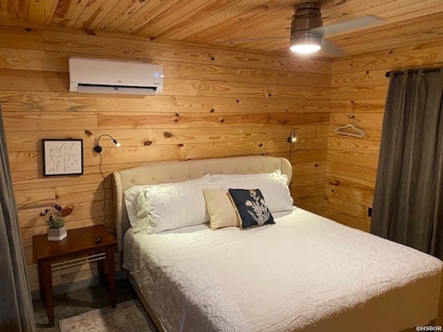 bedroom featuring wood walls, wooden ceiling, and a wall mounted AC