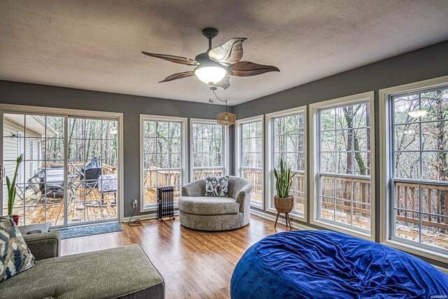 sunroom featuring ceiling fan