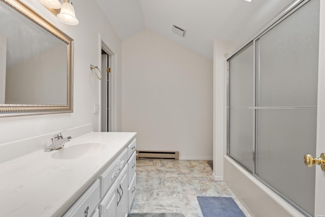 18 Escondite Ln, Hot Springs Village, AR 71909 - full bathroom featuring baseboard heating, vaulted ceiling, vanity, and shower / bath combination with glass door