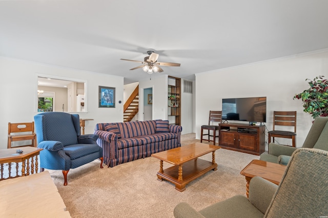 18 Escondite Ln, Hot Springs Village, AR 71909 - carpeted living area with ornamental molding, ceiling fan, and stairs