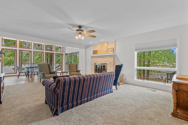 18 Escondite Ln, Hot Springs Village, AR 71909 - carpeted living area featuring ceiling fan, a fireplace, and crown molding