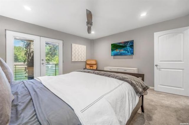 bedroom with a ceiling fan, access to outside, french doors, carpet floors, and recessed lighting