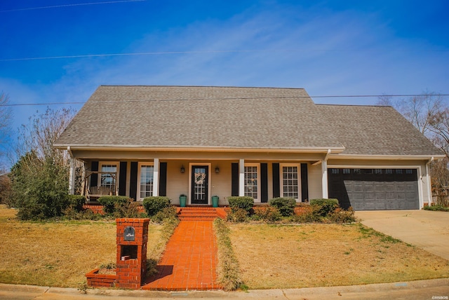 view of front facade featuring driveway, a garage, a porch, roof with shingles, and a front lawn