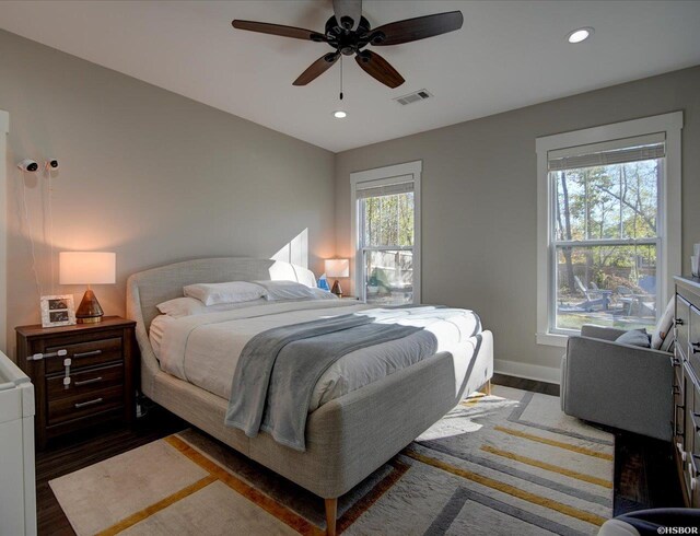 126 Luek Ln, Hot Springs, AR 71913 - bedroom with recessed lighting, a ceiling fan, visible vents, baseboards, and dark wood finished floors
