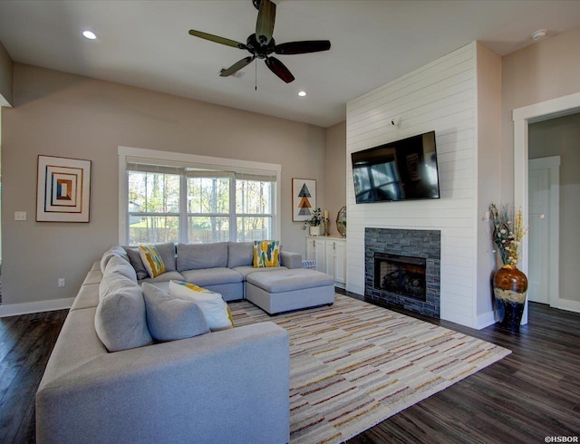 126 Luek Ln, Hot Springs, AR 71913 - living room with a fireplace, baseboards, wood finished floors, and recessed lighting