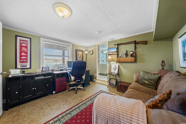 office with crown molding, a textured ceiling, and light tile patterned floors