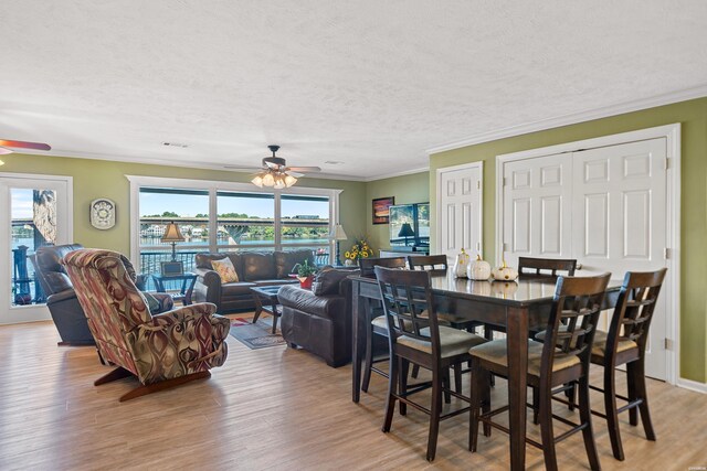 dining space featuring crown molding, a healthy amount of sunlight, ceiling fan, and light wood finished floors