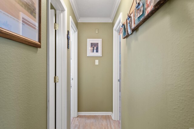 hallway with light wood-type flooring, baseboards, and ornamental molding