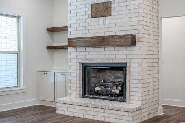 room details with baseboards, wood finished floors, and a fireplace