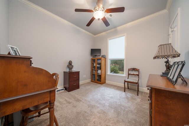 bedroom featuring light carpet, ornamental molding, a ceiling fan, and baseboards