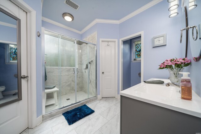 full bath featuring vanity, visible vents, marble finish floor, ornamental molding, and a shower stall