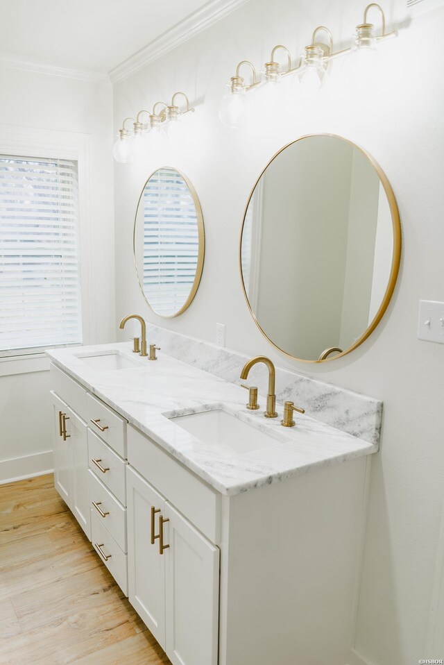 bathroom featuring double vanity, crown molding, a sink, and wood finished floors