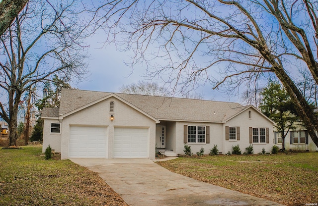 ranch-style home featuring an attached garage, brick siding, a shingled roof, concrete driveway, and a front lawn