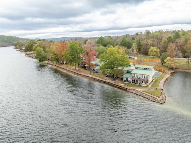 aerial view featuring a water view and a view of trees