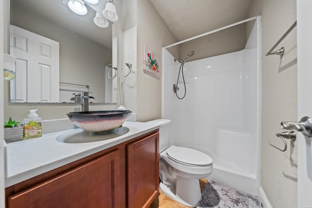 bathroom featuring vanity, toilet, and walk in shower