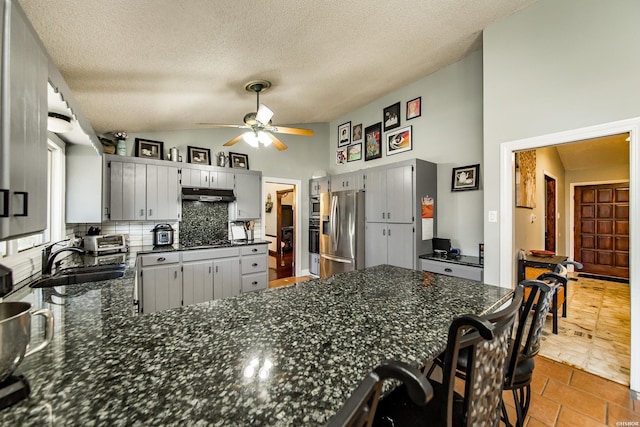 kitchen featuring lofted ceiling, under cabinet range hood, a peninsula, a sink, and appliances with stainless steel finishes