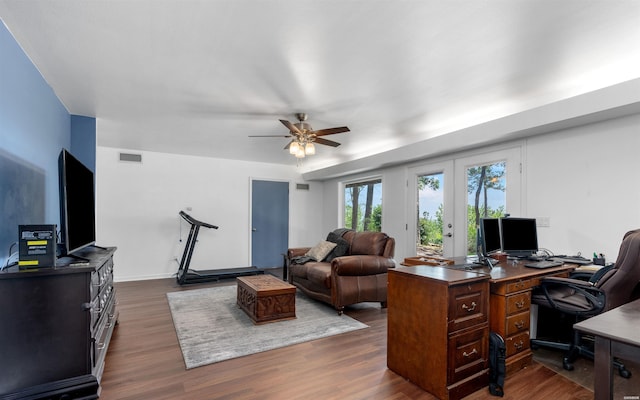 129 Mesero Way, Hot Springs Village, AR 71909 - office space with dark wood-style flooring, french doors, and a ceiling fan