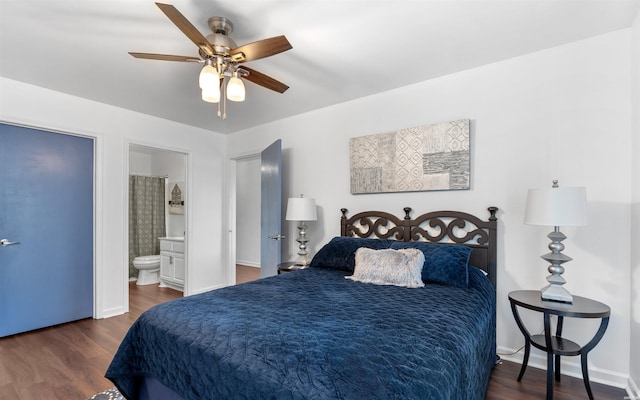 129 Mesero Way, Hot Springs Village, AR 71909 - bedroom with wood finished floors, connected bathroom, ceiling fan, and baseboards