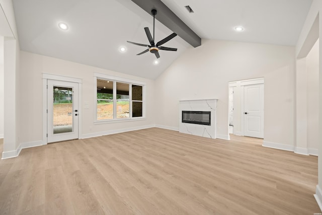 135 Ridgeway Pl, Hot Springs, AR 71901 - unfurnished living room with beam ceiling, ceiling fan, light wood-style flooring, baseboards, and a high end fireplace