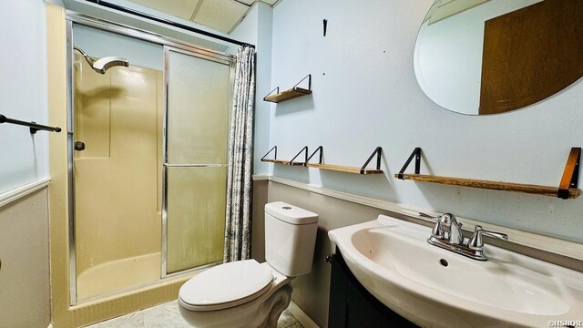 bathroom with toilet, a shower stall, and vanity