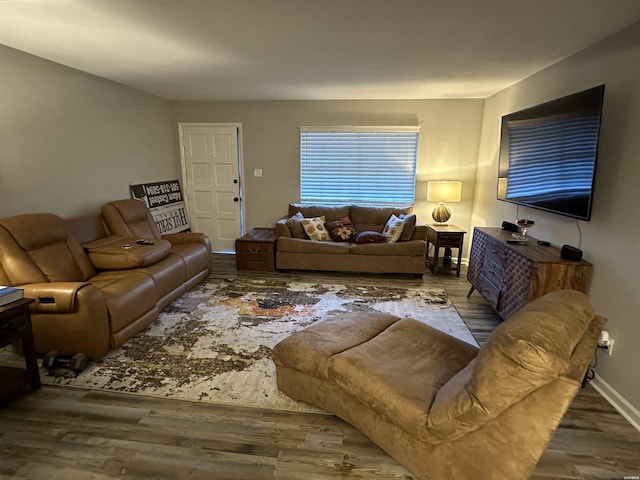 living room with baseboards and wood finished floors