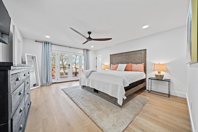 bedroom featuring recessed lighting, baseboards, light wood-style floors, access to exterior, and french doors