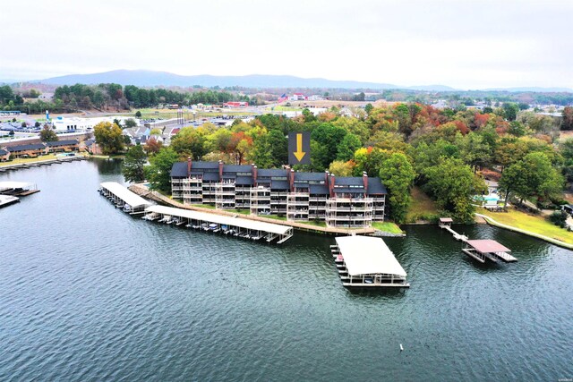 bird's eye view featuring a water and mountain view