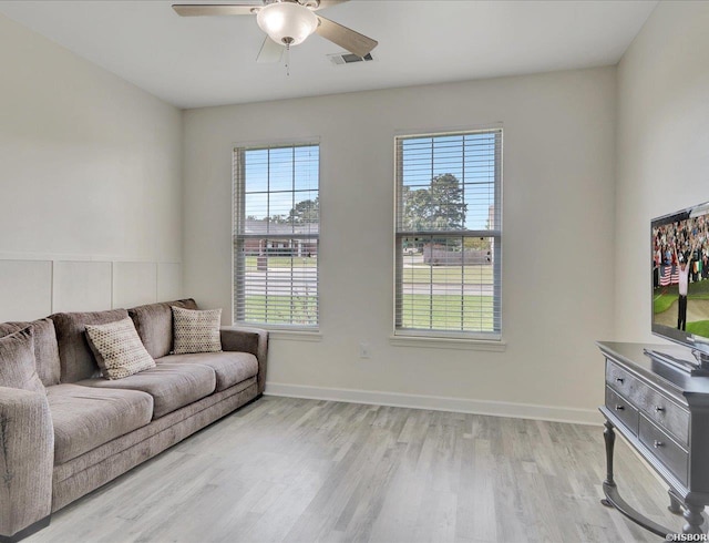 living area featuring visible vents, ceiling fan, light wood-style flooring, and baseboards